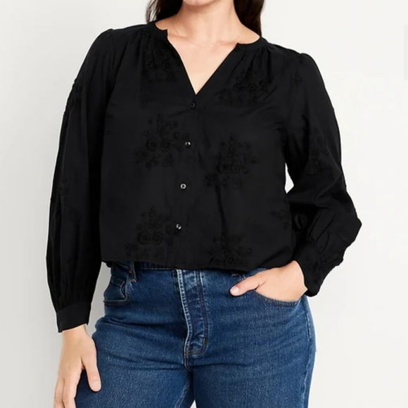 Old Navy Black Button Front Embroidered Cotton Blouse XL NWT - Picture 2 of 16